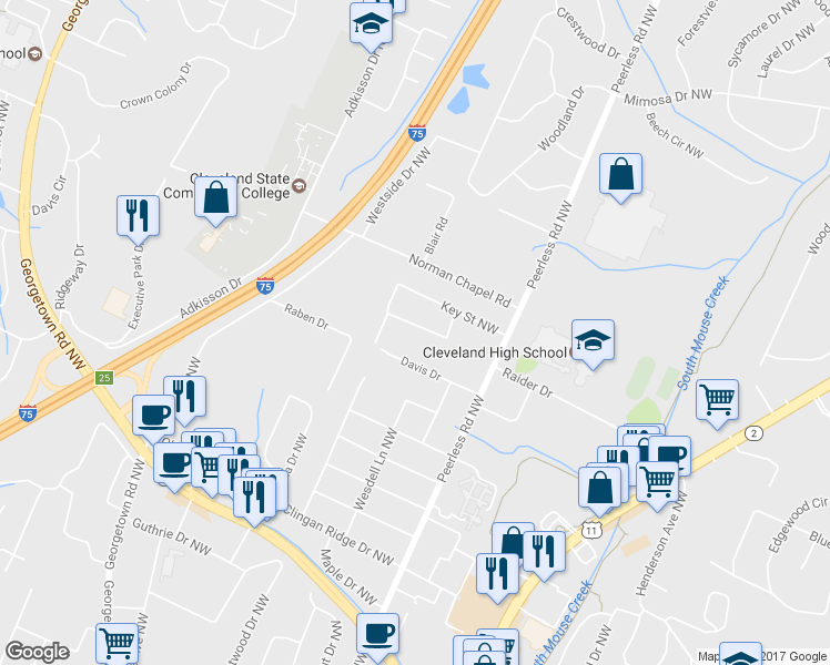 map of restaurants, bars, coffee shops, grocery stores, and more near 1269 Crown Street Northwest in Cleveland