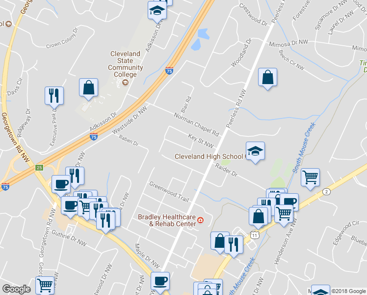 map of restaurants, bars, coffee shops, grocery stores, and more near 1237 Crown Street Northwest in Cleveland
