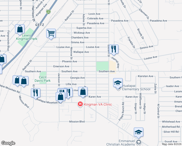 map of restaurants, bars, coffee shops, grocery stores, and more near 2719 Southern Avenue in Kingman