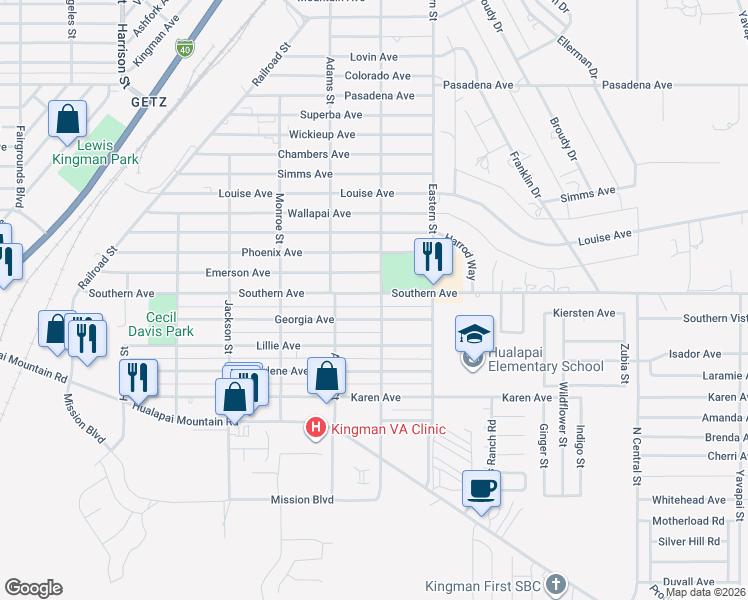 map of restaurants, bars, coffee shops, grocery stores, and more near 700-798 Washington Street in Kingman