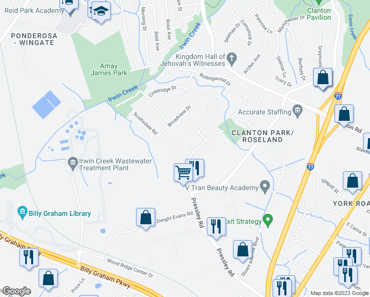 map of restaurants, bars, coffee shops, grocery stores, and more near 1307 Pressley Road in Charlotte