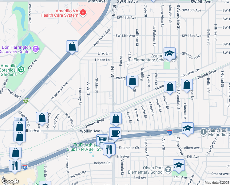 map of restaurants, bars, coffee shops, grocery stores, and more near 1553 Bell Street in Amarillo