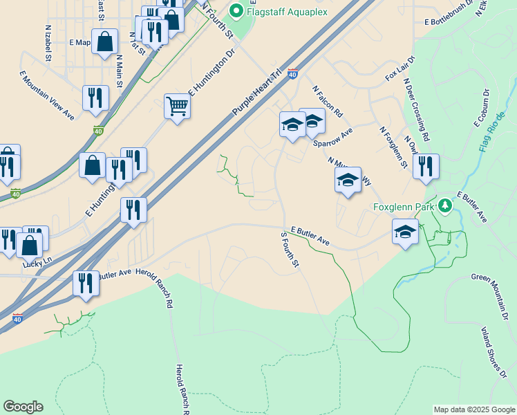 map of restaurants, bars, coffee shops, grocery stores, and more near 1100 North Flowing Springs Trail in Flagstaff