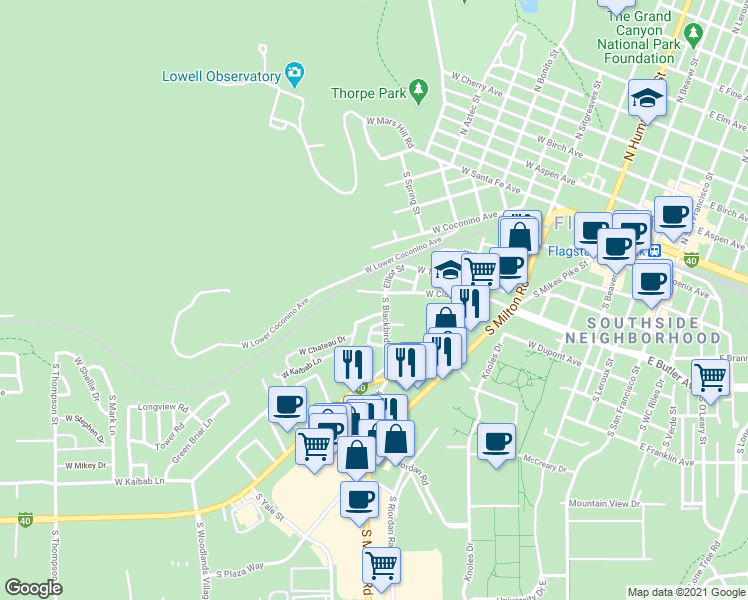 map of restaurants, bars, coffee shops, grocery stores, and more near 910 West Clay Avenue in Flagstaff