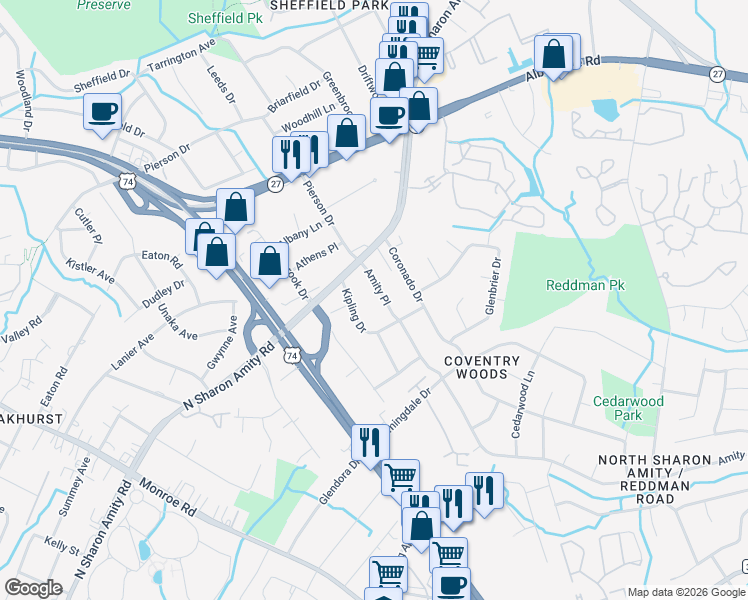 map of restaurants, bars, coffee shops, grocery stores, and more near in Charlotte