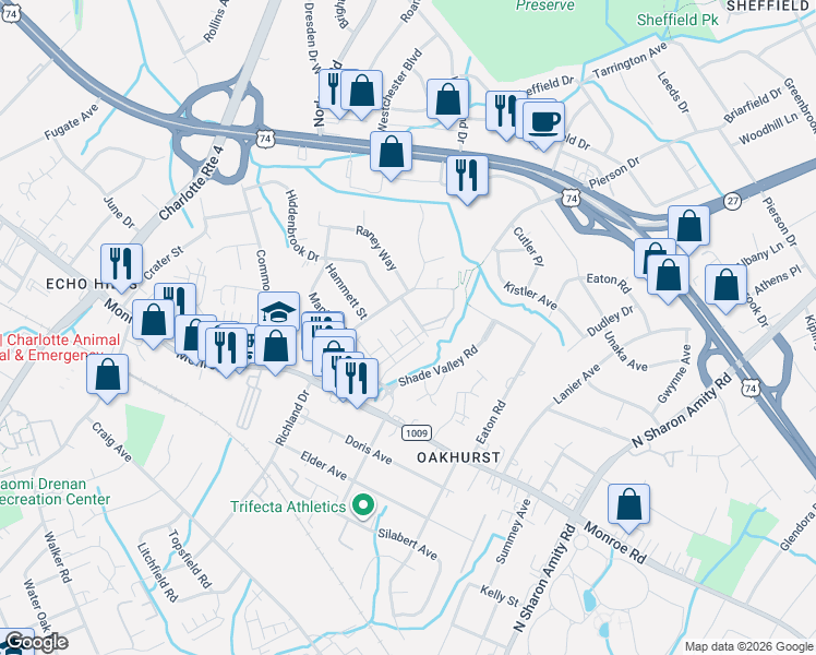 map of restaurants, bars, coffee shops, grocery stores, and more near in Charlotte