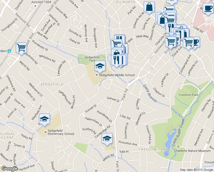 map of restaurants, bars, coffee shops, grocery stores, and more near 2626 Park Road in Charlotte