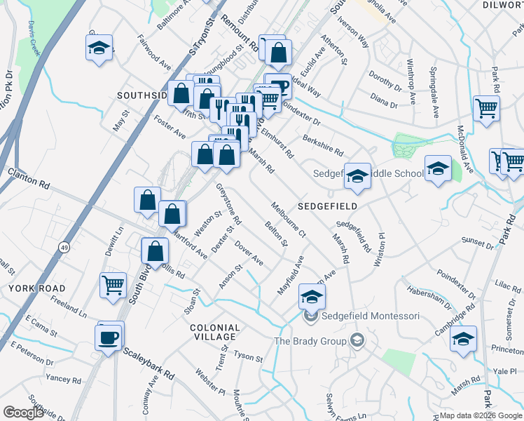 map of restaurants, bars, coffee shops, grocery stores, and more near 414 Melbourne Court in Charlotte