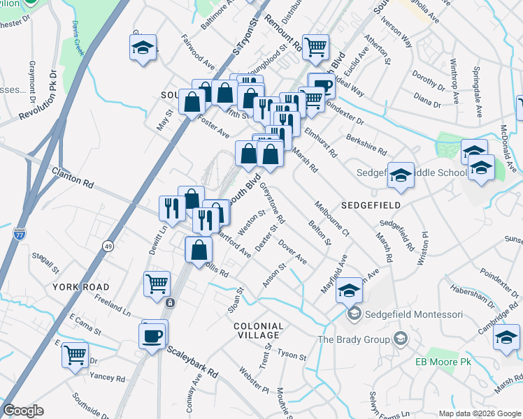 map of restaurants, bars, coffee shops, grocery stores, and more near 312 Greystone Road in Charlotte