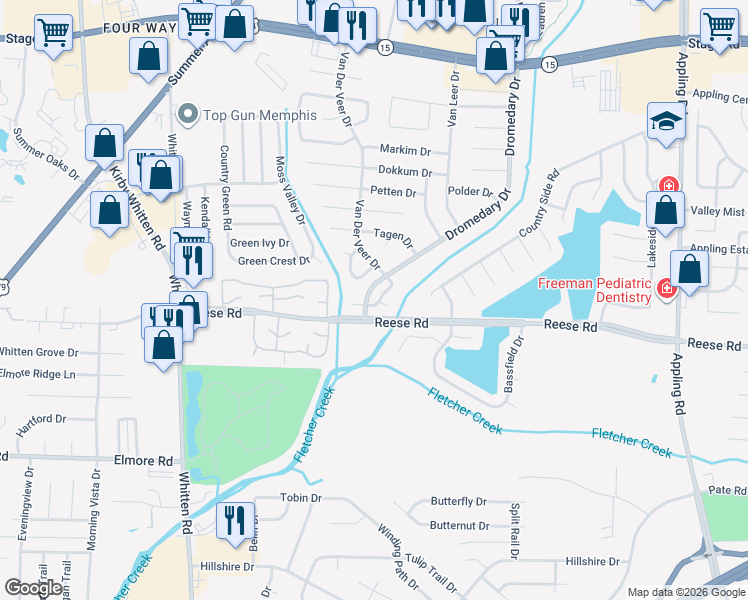 map of restaurants, bars, coffee shops, grocery stores, and more near 2575 Reese Point Drive in Memphis