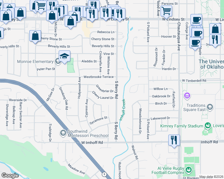 map of restaurants, bars, coffee shops, grocery stores, and more near 1200 Greenbriar Court in Norman