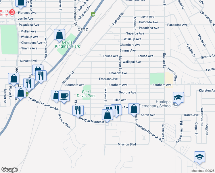 map of restaurants, bars, coffee shops, grocery stores, and more near 2502 Southern Avenue in Kingman