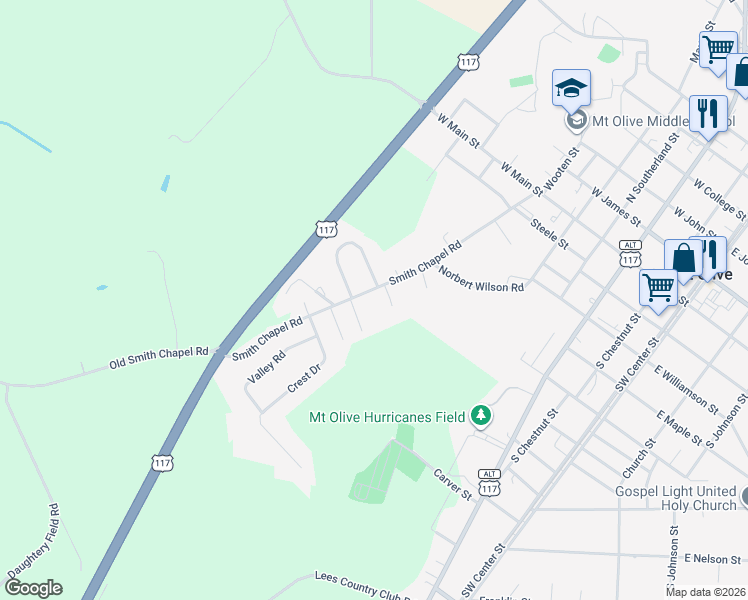map of restaurants, bars, coffee shops, grocery stores, and more near 400-498 Smith Chapel Highway in Mount Olive