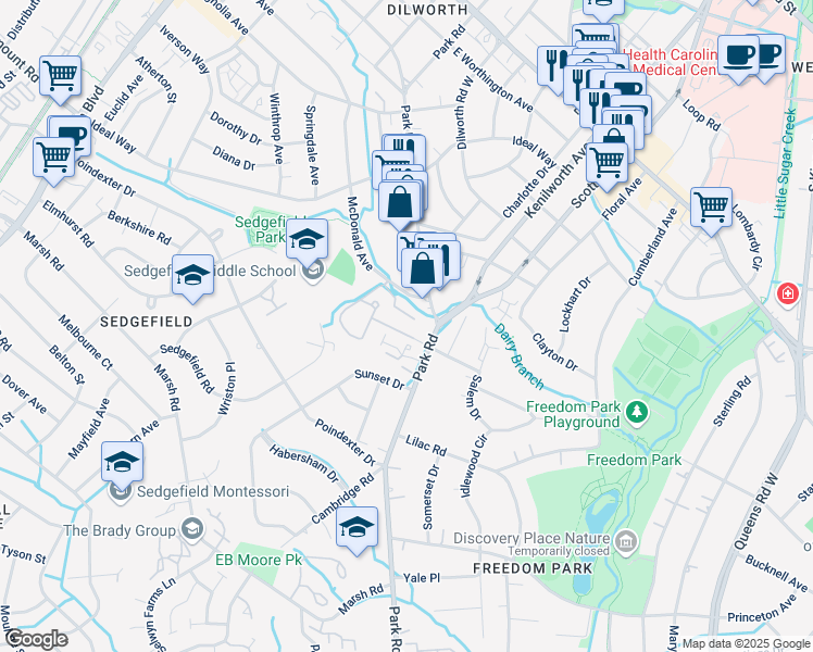 map of restaurants, bars, coffee shops, grocery stores, and more near 2606 Park Road in Charlotte