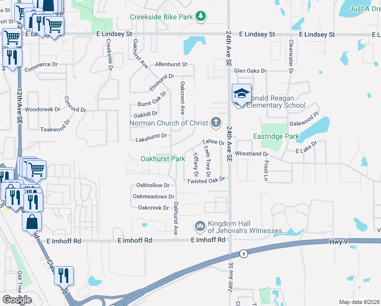 map of restaurants, bars, coffee shops, grocery stores, and more near 1800 Twin Tree Drive in Norman