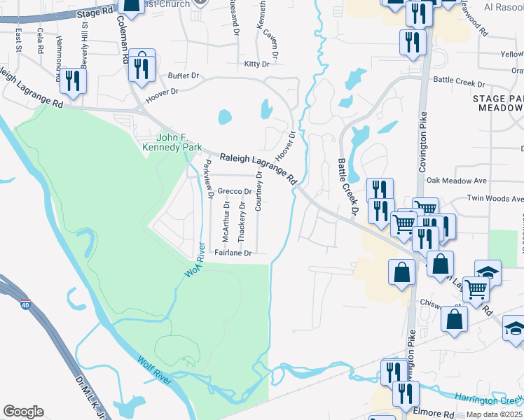 map of restaurants, bars, coffee shops, grocery stores, and more near 2585 Courtney Drive in Memphis
