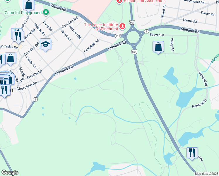map of restaurants, bars, coffee shops, grocery stores, and more near 35 Braemar Road in Pinehurst