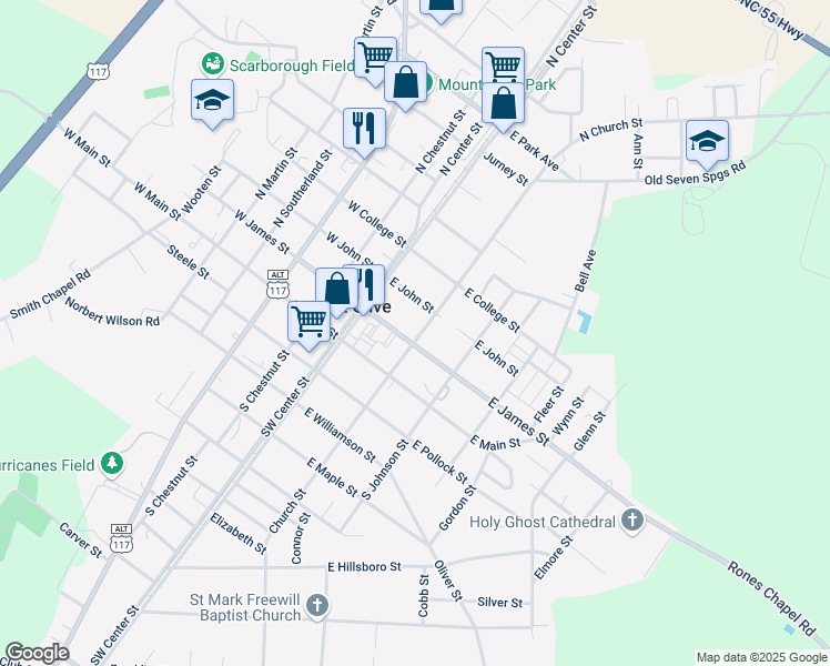map of restaurants, bars, coffee shops, grocery stores, and more near 115 East James Street in Mount Olive