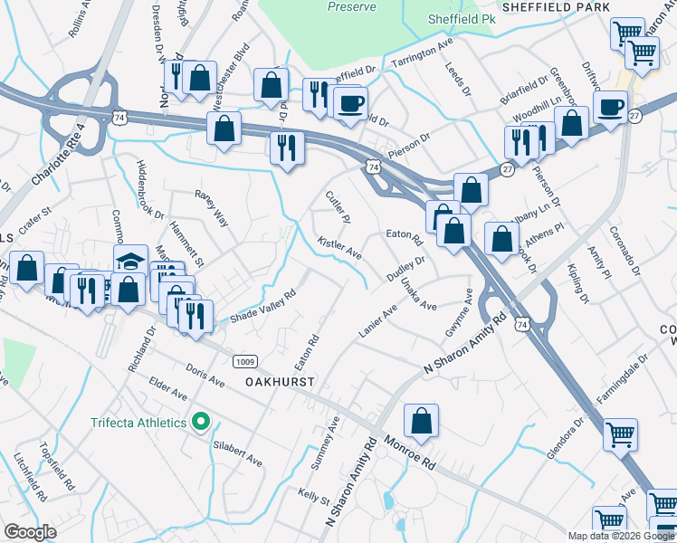 map of restaurants, bars, coffee shops, grocery stores, and more near 5039 Erickson Road in Charlotte