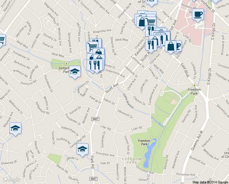 map of restaurants, bars, coffee shops, grocery stores, and more near 2501 Dilworth Heights Lane in Charlotte