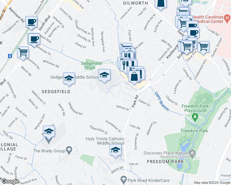 map of restaurants, bars, coffee shops, grocery stores, and more near 2626 Park Road in Charlotte
