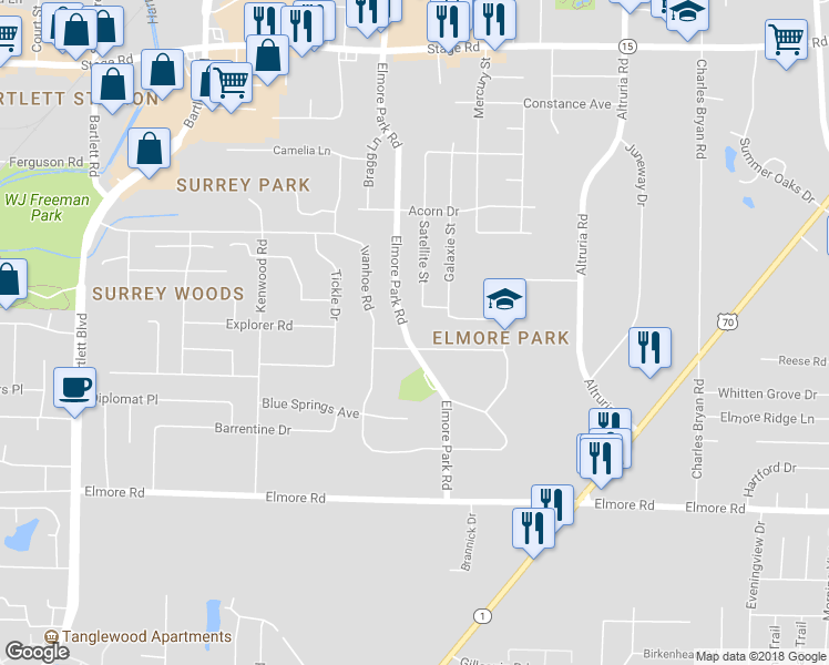 map of restaurants, bars, coffee shops, grocery stores, and more near 2578 Elmore Park Road in Bartlett