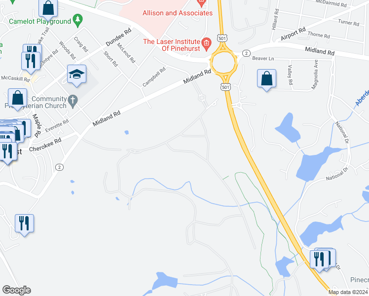 map of restaurants, bars, coffee shops, grocery stores, and more near 35 Braemar Road in Pinehurst