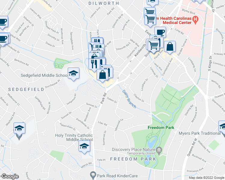 map of restaurants, bars, coffee shops, grocery stores, and more near 2538 Dilworth Heights Lane in Charlotte