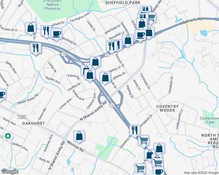 map of restaurants, bars, coffee shops, grocery stores, and more near 2619 North Sharon Amity Road in Charlotte