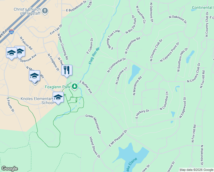 map of restaurants, bars, coffee shops, grocery stores, and more near 4530 East Coldstream Lane in Flagstaff