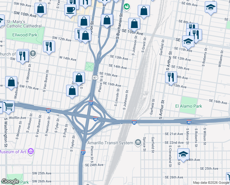 map of restaurants, bars, coffee shops, grocery stores, and more near 1608 South Lincoln Street in Amarillo