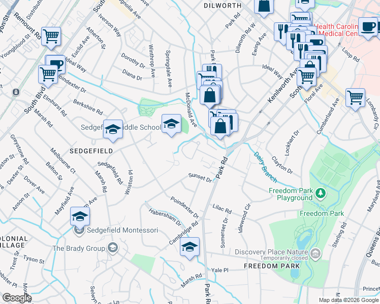 map of restaurants, bars, coffee shops, grocery stores, and more near 2622 Park Road in Charlotte