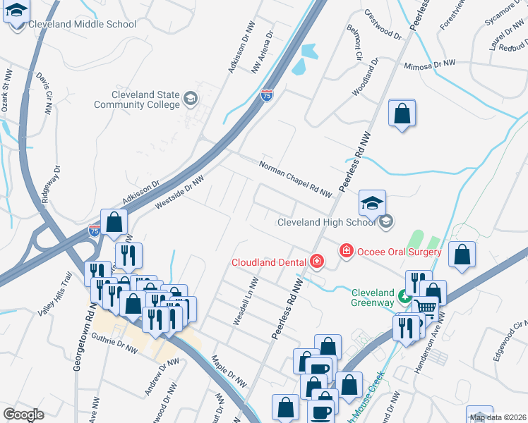 map of restaurants, bars, coffee shops, grocery stores, and more near 1236 Crown Street Northwest in Cleveland