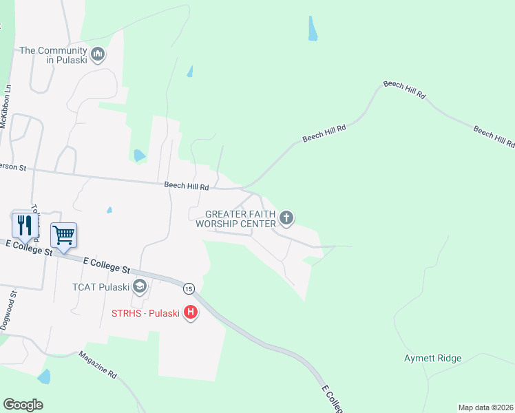 map of restaurants, bars, coffee shops, grocery stores, and more near 1320 Riley Hill Road in Pulaski