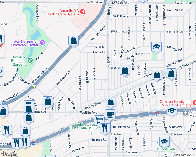 map of restaurants, bars, coffee shops, grocery stores, and more near 1550 Morton Avenue in Amarillo