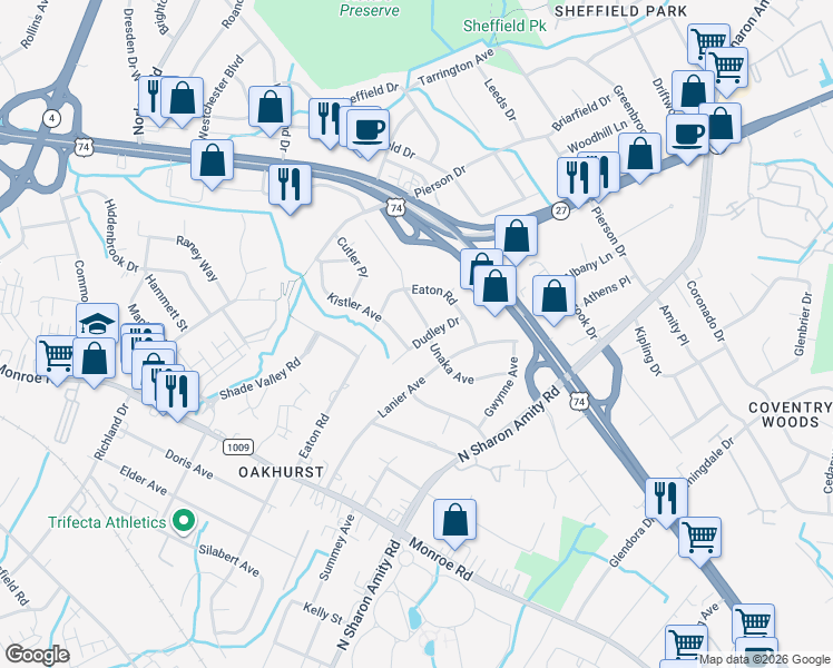 map of restaurants, bars, coffee shops, grocery stores, and more near 5132 Unaka Avenue in Charlotte