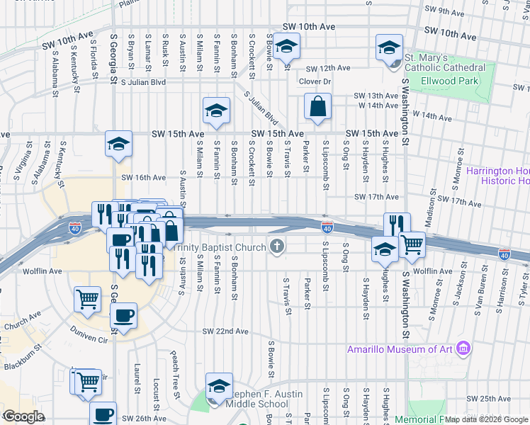 map of restaurants, bars, coffee shops, grocery stores, and more near 1618 South Bowie Street in Amarillo