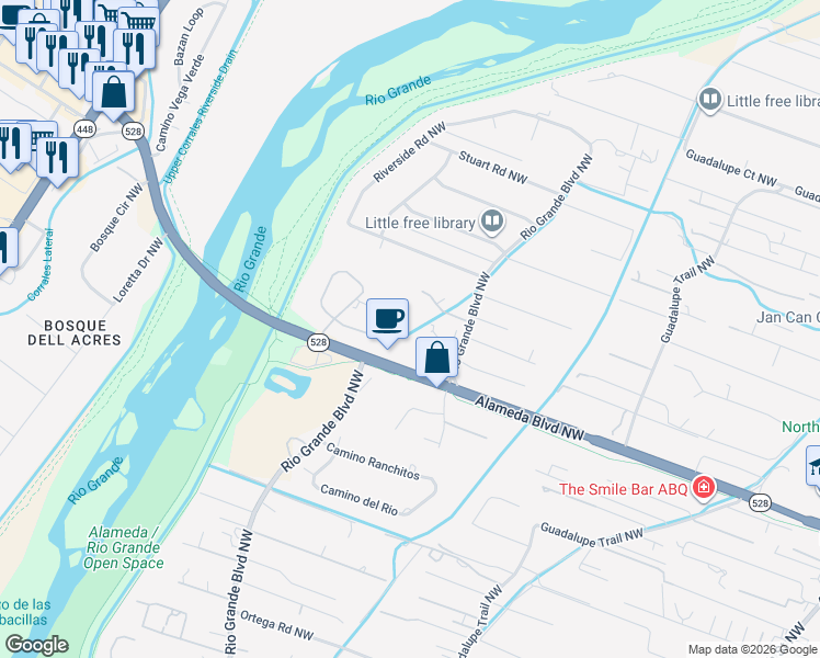 map of restaurants, bars, coffee shops, grocery stores, and more near 1116 Bona Terra Loop Northwest in Albuquerque