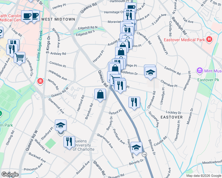 map of restaurants, bars, coffee shops, grocery stores, and more near 1301 Queens Road in Charlotte