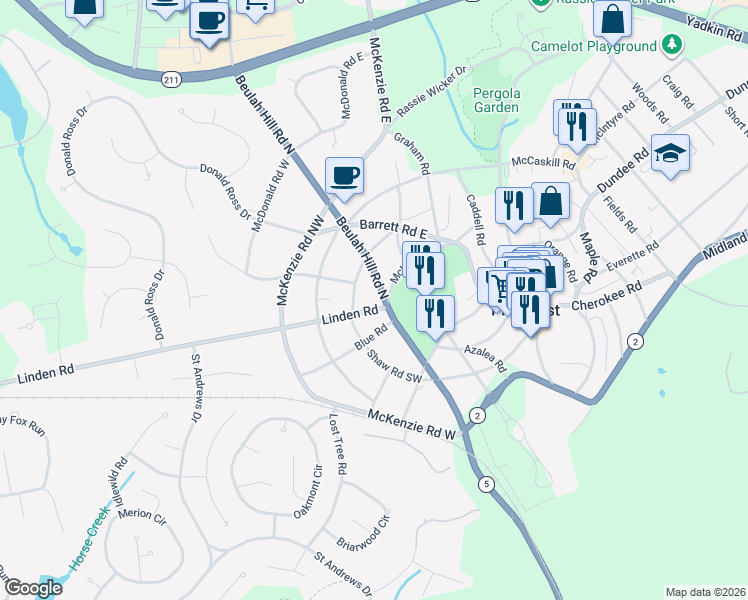 map of restaurants, bars, coffee shops, grocery stores, and more near 5 Linden Road in Pinehurst