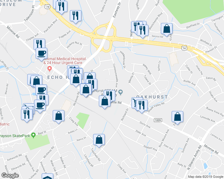 map of restaurants, bars, coffee shops, grocery stores, and more near 4402 Commonwealth Avenue in Charlotte