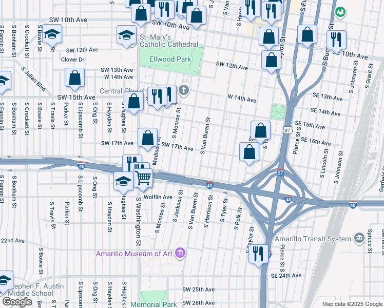 map of restaurants, bars, coffee shops, grocery stores, and more near 1701 South Jackson Street in Amarillo