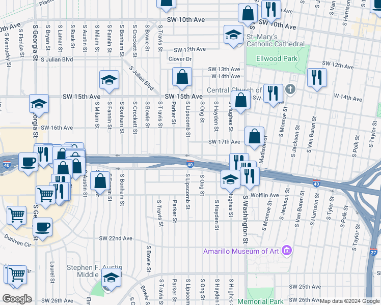 map of restaurants, bars, coffee shops, grocery stores, and more near 1705 South Lipscomb Street in Amarillo