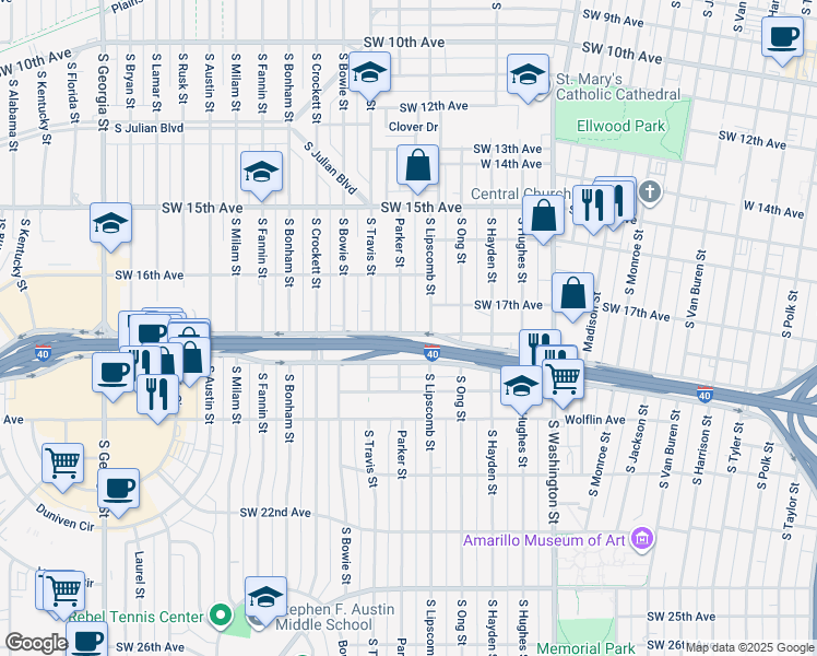 map of restaurants, bars, coffee shops, grocery stores, and more near 1617 Parker Street in Amarillo