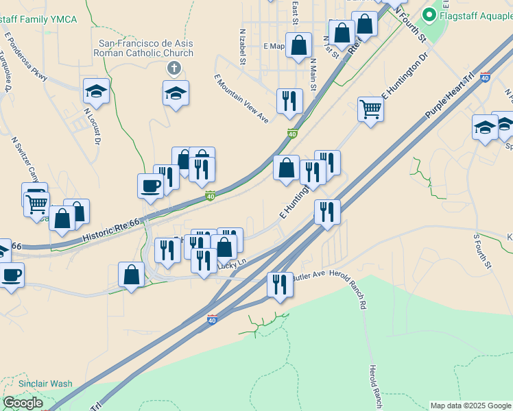 map of restaurants, bars, coffee shops, grocery stores, and more near 500 North Grant Street in Flagstaff