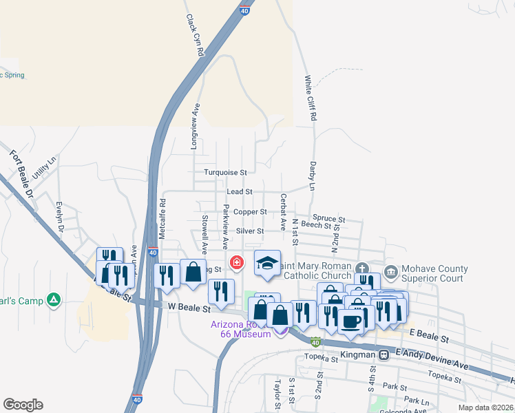 map of restaurants, bars, coffee shops, grocery stores, and more near 814 Stockton Hill Avenue in Kingman