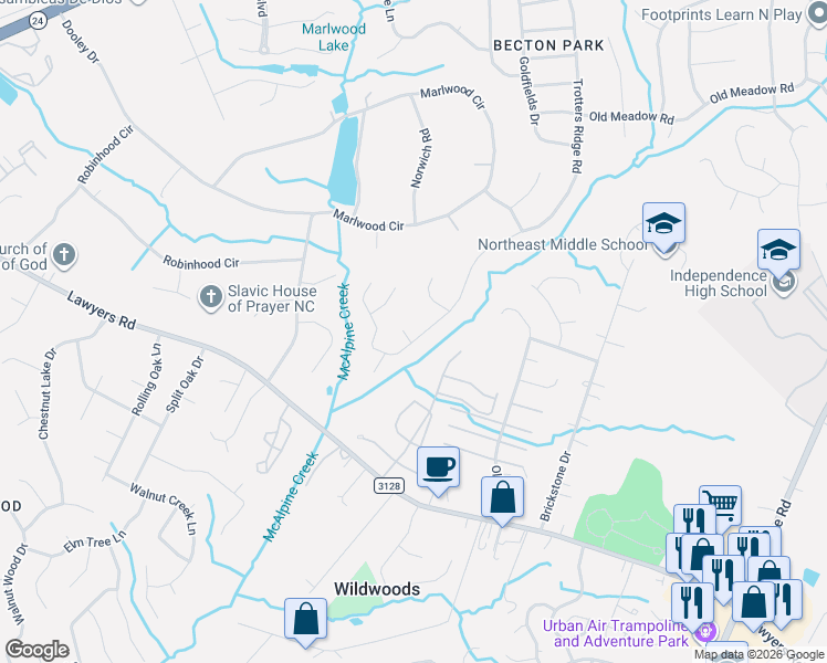 map of restaurants, bars, coffee shops, grocery stores, and more near 5709 Trotters Ridge Road in Charlotte