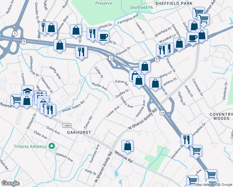 map of restaurants, bars, coffee shops, grocery stores, and more near 5132 Unaka Avenue in Charlotte