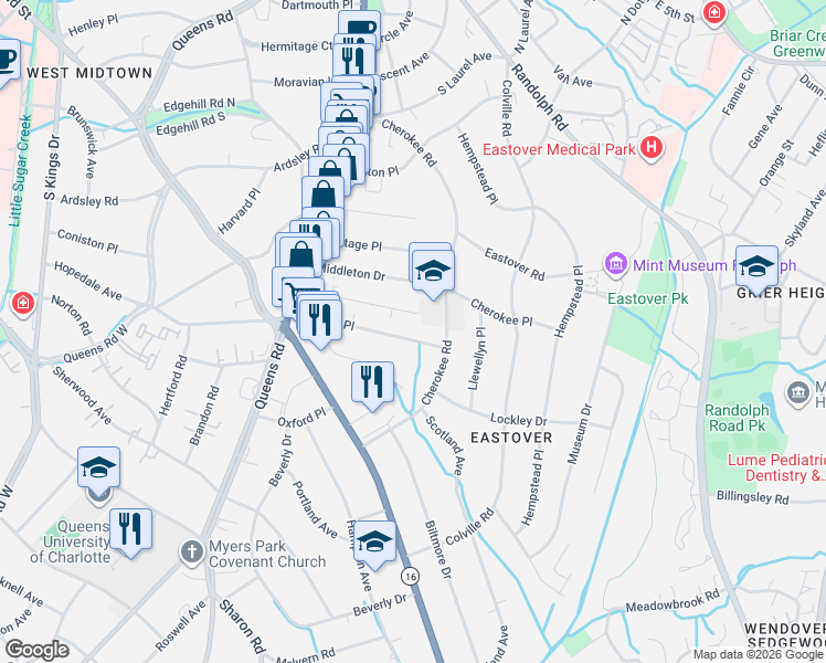 map of restaurants, bars, coffee shops, grocery stores, and more near 534 Cherokee Road in Charlotte