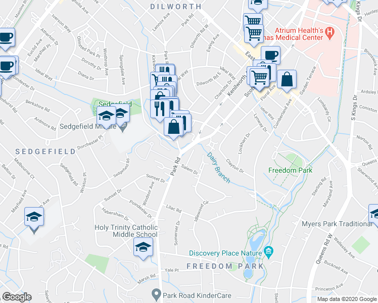 map of restaurants, bars, coffee shops, grocery stores, and more near 2501 Dilworth Heights Lane in Charlotte
